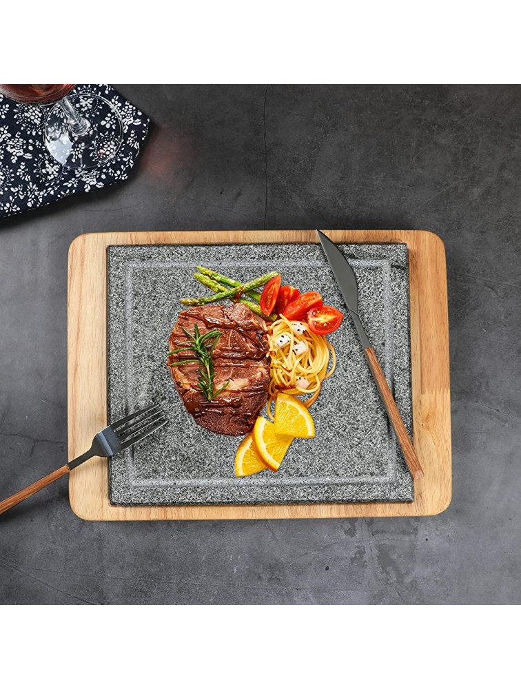 TAININ Cast Stone Steak Plate with Wooden Base Steak Pan Server Plate Set Double-sided Use Restaurant or Household Use，13X10 Inches,8.5 Lbs - BSKEY75EC
