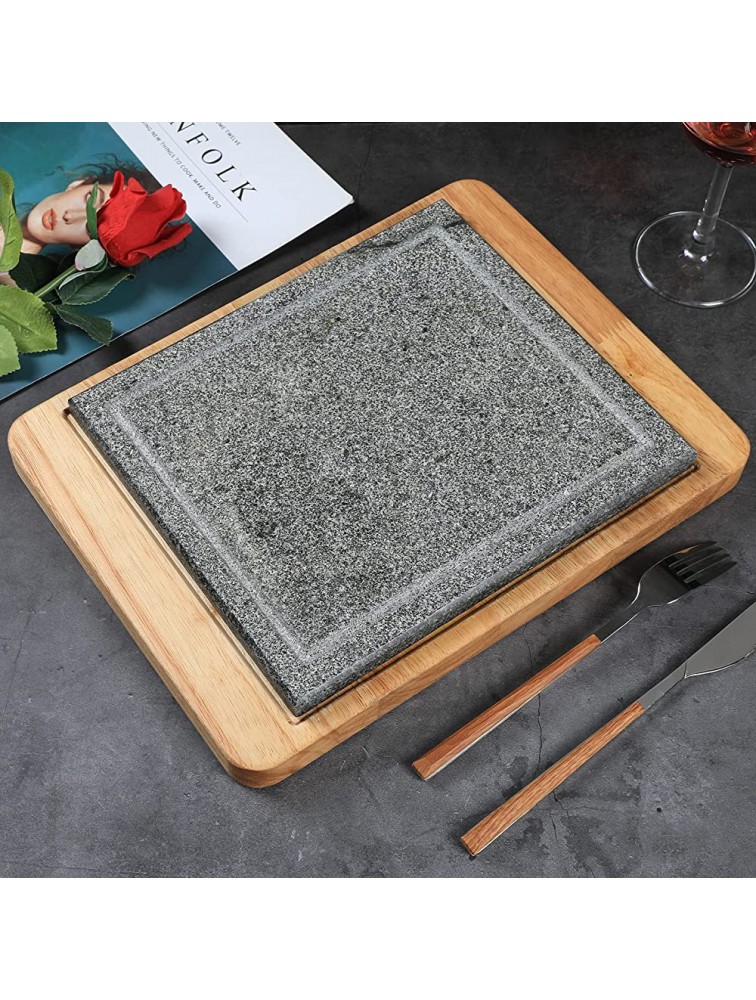 TAININ Cast Stone Steak Plate with Wooden Base Steak Pan Server Plate Set Double-sided Use Restaurant or Household Use，13X10 Inches,8.5 Lbs - BSKEY75EC