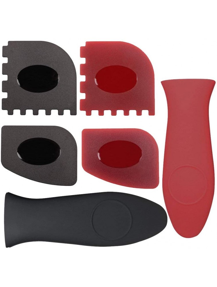 WeTest 2 Silicone Hot Handle Cover 2 Plastic Grill Pan Scrapers 2 Plastic Pan Scrapers for Cast Iron Skillets Frying Pans and Griddles Black+Red - BC9E4ME8P