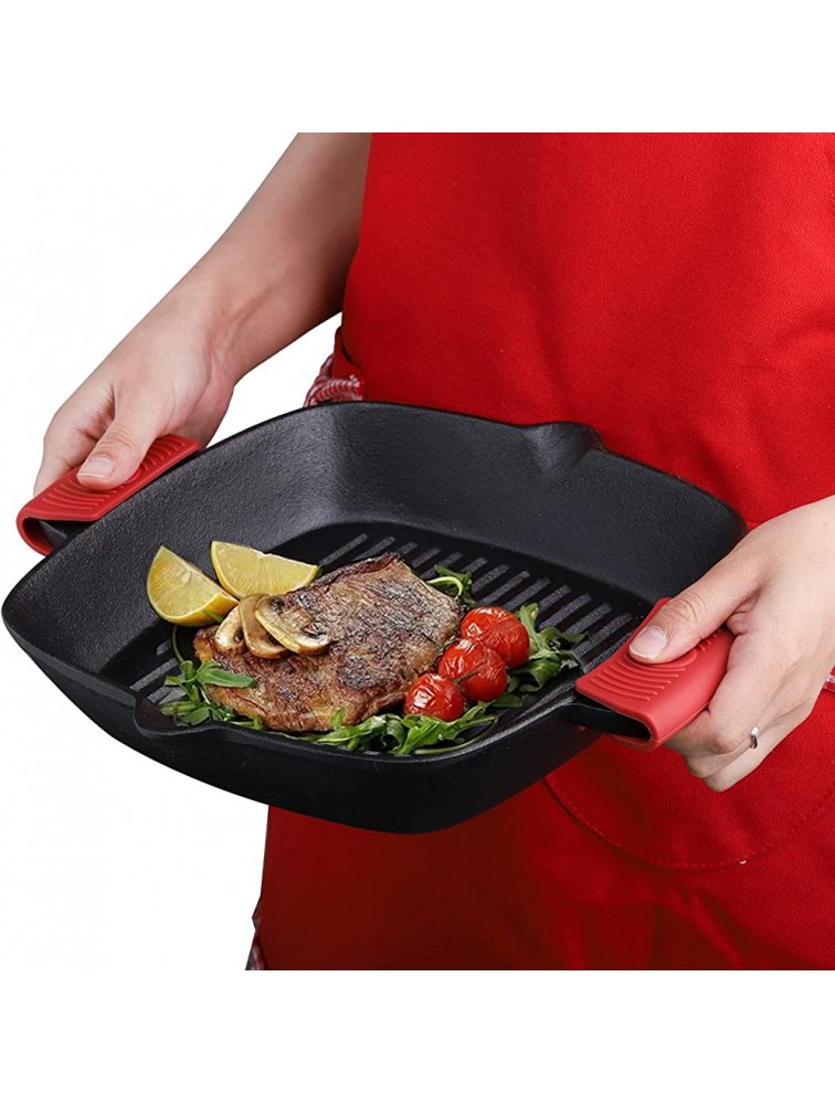 ZOOFOX Cast Iron Grill Pan 10 Square Skillet with Easy Grease Drain Spout and Two Heat Insulated Silicone Handle Cover Pre Seasoned Grill Pan for Grilling Bacon Steak Meats Camping and Barbecue - BR0INTD6U