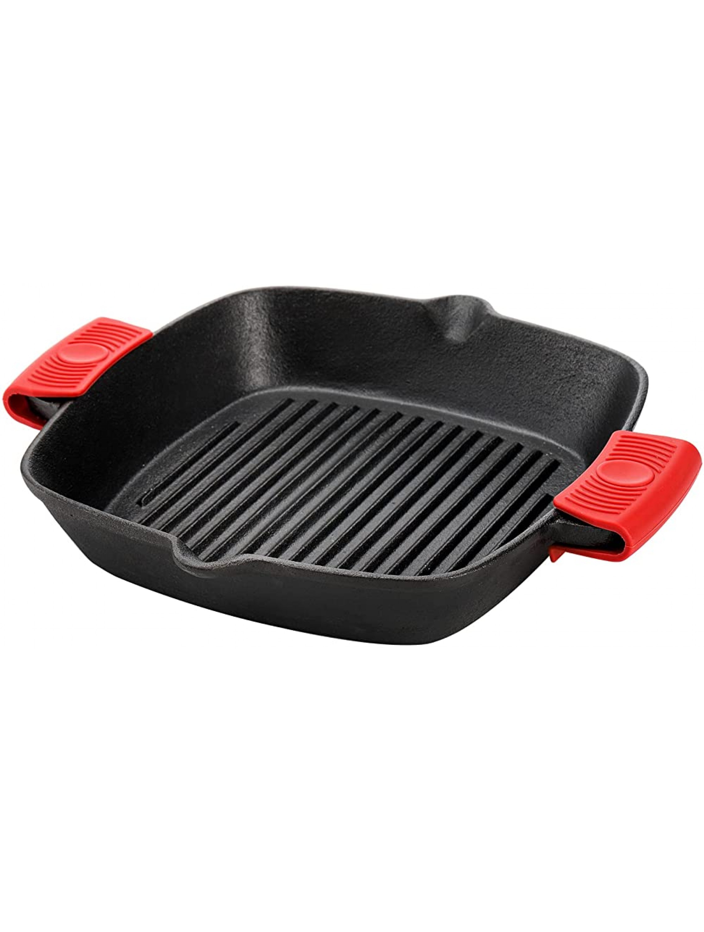 ZOOFOX Cast Iron Grill Pan 10 Square Skillet with Easy Grease Drain Spout and Two Heat Insulated Silicone Handle Cover Pre Seasoned Grill Pan for Grilling Bacon Steak Meats Camping and Barbecue - BR0INTD6U