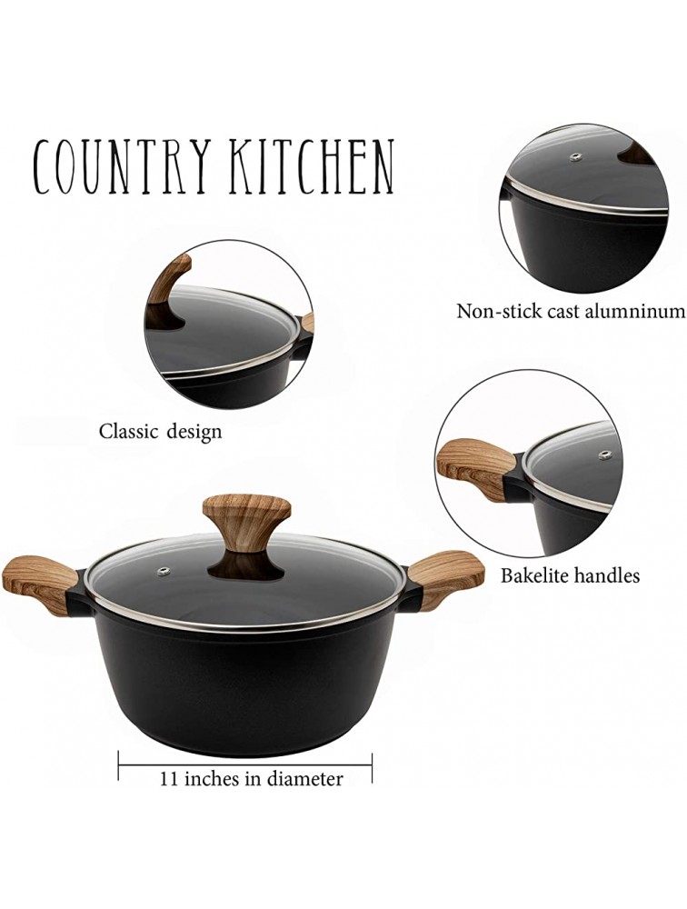 Country Kitchen Cookware Cast Aluminum Casserole Pot 8 Quart Dutch Oven with Handles and Glass Lid Matte Black - BMH9LYYYX
