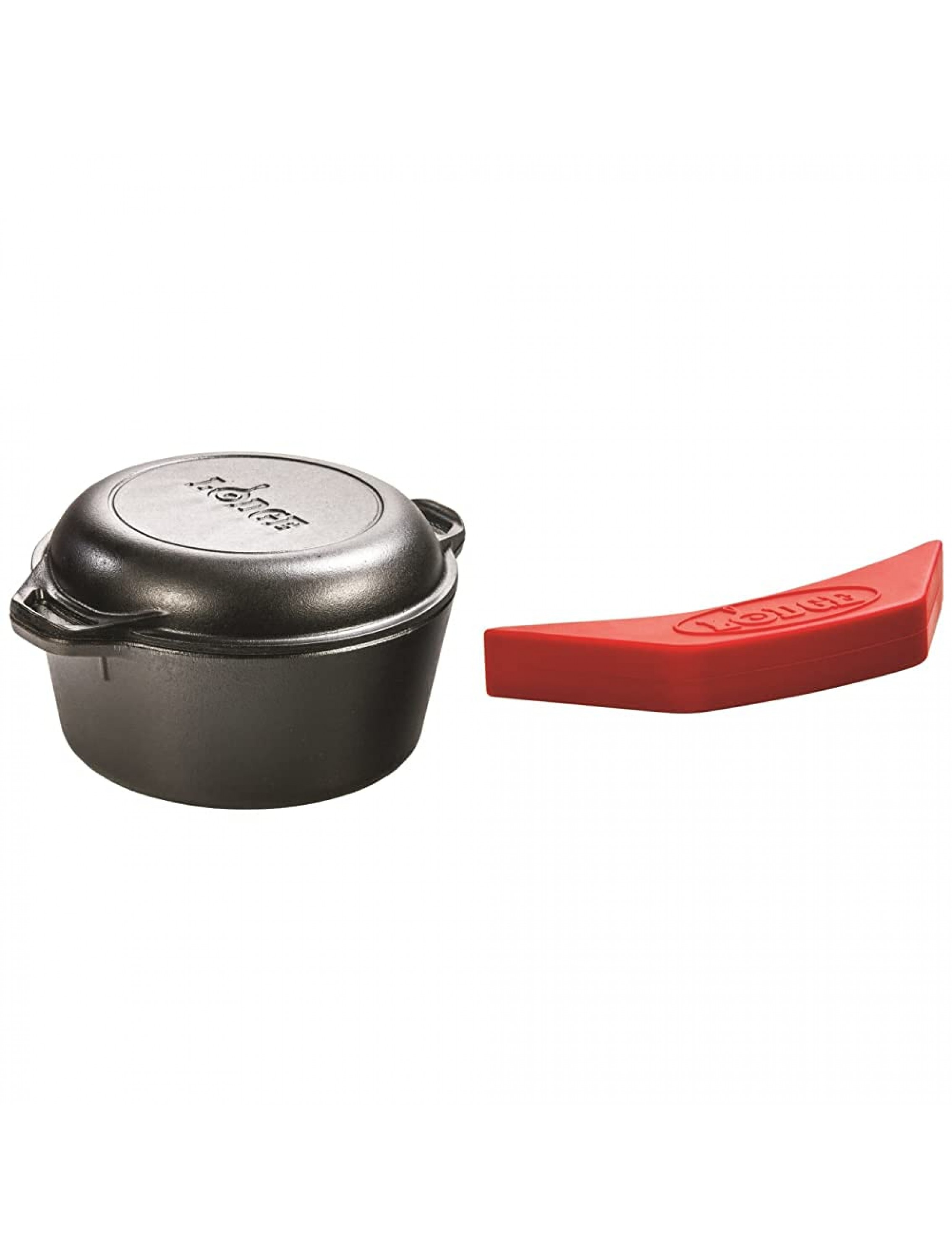 Lodge Pre-Seasoned Cast Iron Double Dutch Oven With Loop Handles 5 qt & ASAHH41 Silicone Assist Handle Holder Red 5.5 x 2 - BHQXWHVEK
