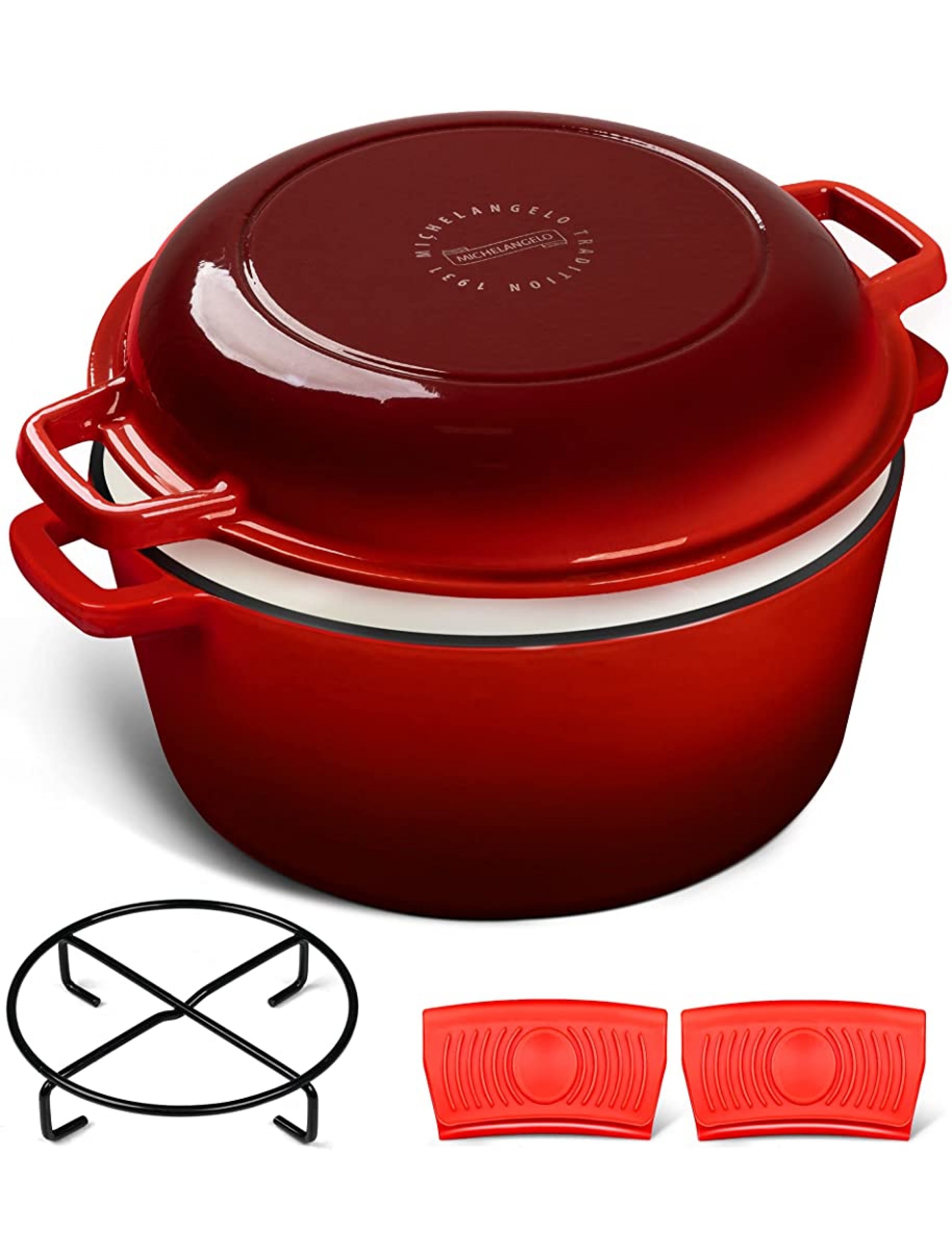 MICHELANGELO 5 Qt Dutch Oven Enameled Cast Iron Dutch Oven Pot with Lid Double Enamel Dutch Oven Pot 5 Quart Dutch Oven for Bread Baking Medium Dutch Oven Set with Silicone Mats and Steel Stand - BSRX5WNXP