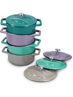 Navaris Cast Iron Round Cocottes Set of 4 4.1" Mini Cocotte Dutch Oven Dishes with Enamel Coat 9.8 oz Dishwasher-Safe Teal Violet Green Grey - B18H96640