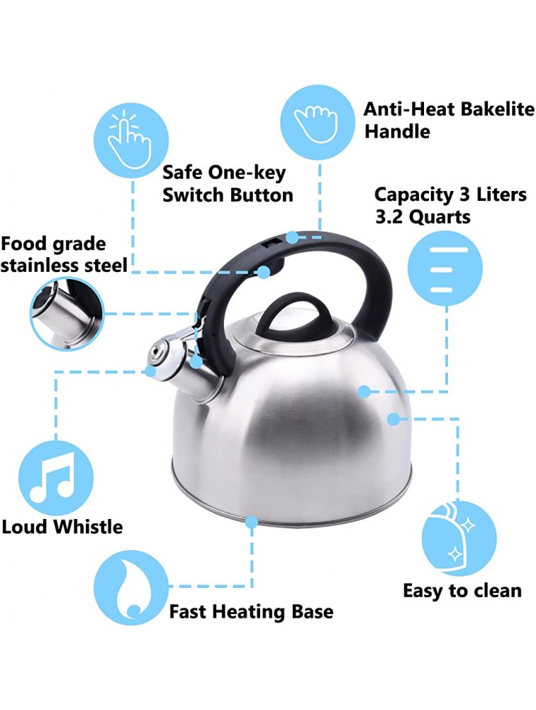Foedo Whistling Stovetop Tea Kettle 3.2 Quart Stainless Steel Teapot Hot Water Fast to Boil Cool Touch Silicone Handle One-Touch Open and Close Button Polished Silver,3.2 Quart 3 Liter - BPN8BOMWS