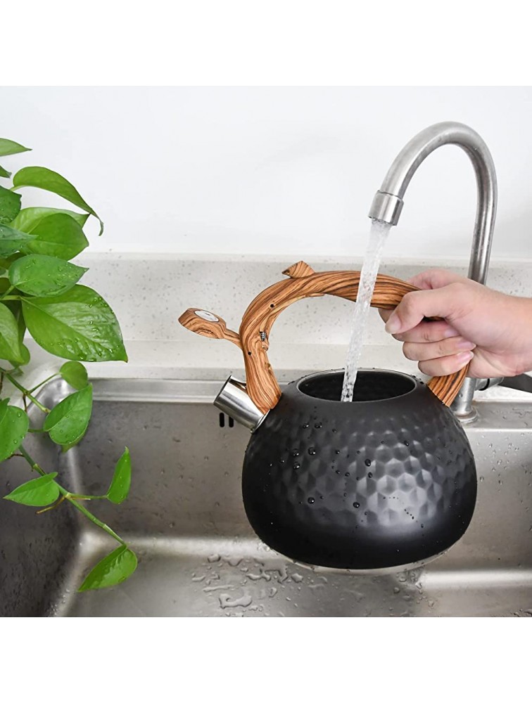 GGC Tea Kettle for Stove Top Loud Whistling Kettle for Boiling Water Coffee or Milk 2.7 Quart 3L Heavy Stainless Steel Black Kettle with Wood Pattern Handle Unique Button Control Kettle Outlet - BQ6UJ501V