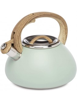 Goodful Stainless Steel Whistling Tea Kettle for Stovetop Trigger Spout Wood-Look Handle 2.5 Quarts Sage - B9SE4I6ZP