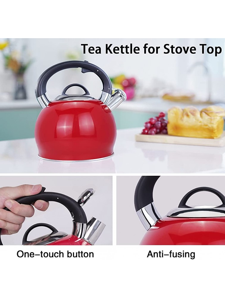 Masio 2.4 Quart Red Whistling Tea Kettle for Stove Top Food Grade Stainless Steel - BUNOMOXX1