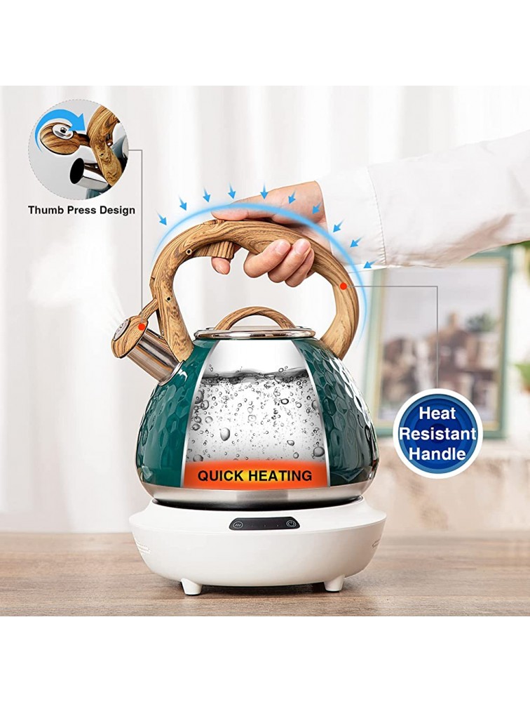 Tea Kettle Toptier Teapot Whistling Kettle with Wood Pattern Handle Loud Whistle Food Grade Stainless Steel Tea Pot for Stovetops Induction Diamond Design Water Kettle 2.7-Quart Dark Green - BYWE4DRKY