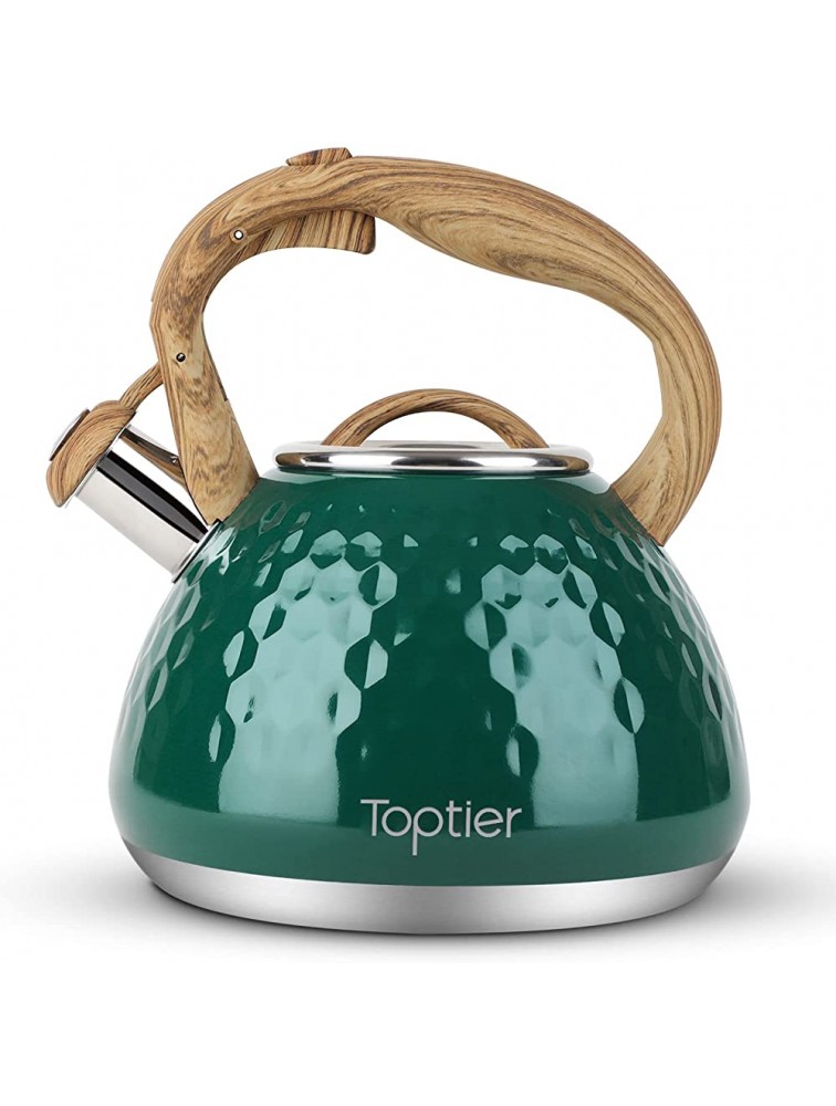 Tea Kettle Toptier Teapot Whistling Kettle with Wood Pattern Handle Loud Whistle Food Grade Stainless Steel Tea Pot for Stovetops Induction Diamond Design Water Kettle 2.7-Quart Dark Green - BYWE4DRKY