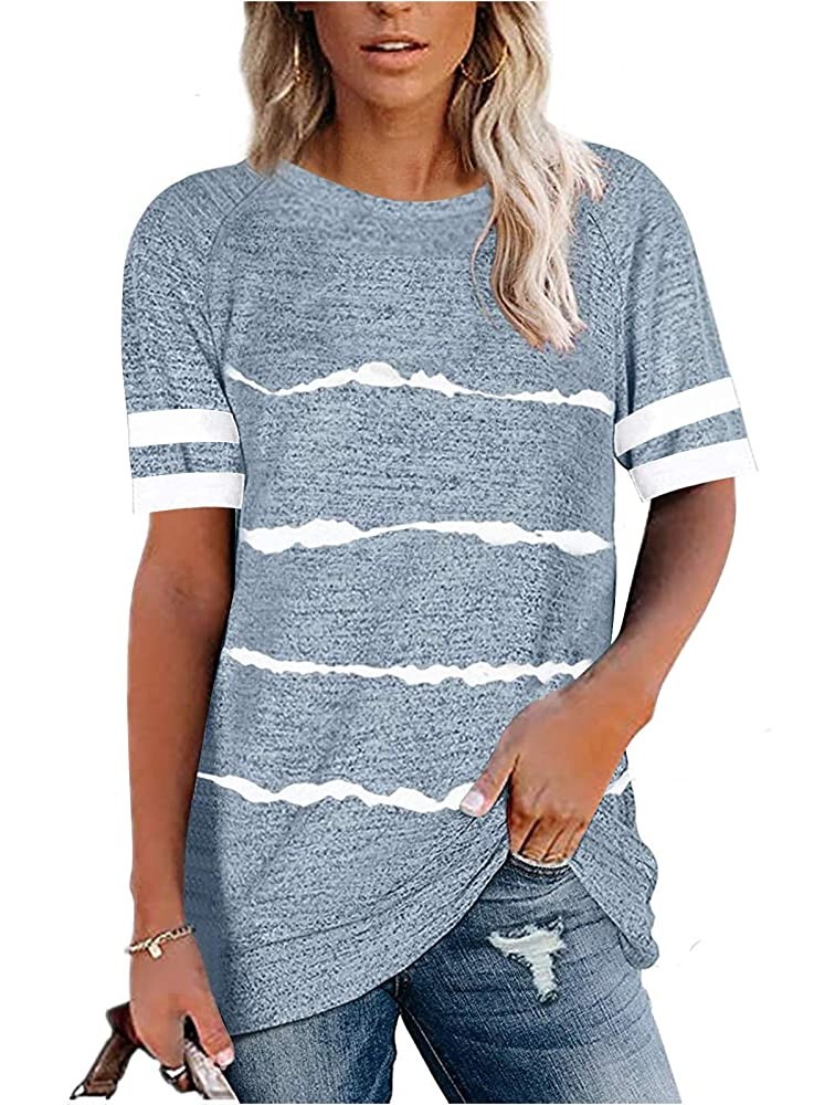 Loose Summer Short 586 Women's T-Shirt O-Neck Striped Print Tops Sleeve Leotard Yoga Sweater Basic 2021 wear 2734 Juniors Pleated Heart Bathing Empire Embroidered su - BK3YL3C2U