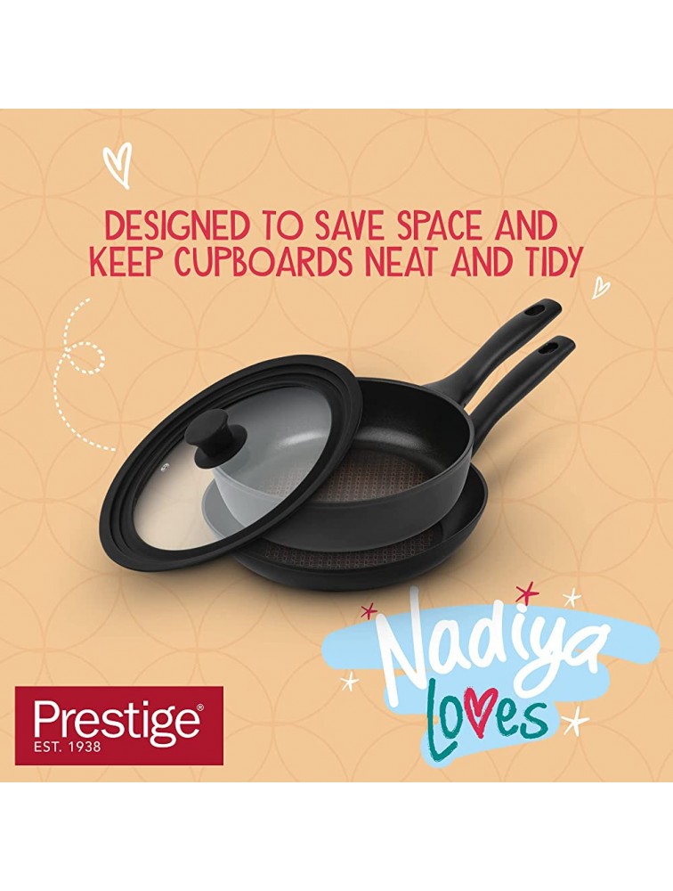 Prestige Nadiya Nesting Frying pans Stackable Non Stick PFOA Free Interior Dishwasher Oven and Fridge Freezer Safe 3 piece set with universal lid - BVDZEVOPY