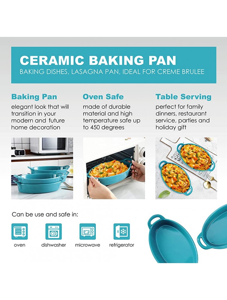 Bruntmor Set of 4 Oval Au Gratin 8x 5 Baking Dishes Lasagna Pan Ceramic Bakeware Ideal for Creme Brulee Easy Carry Handles Nice Table Serving Dish Oven To Table 16 Oz -Teal - BX6PMKP05