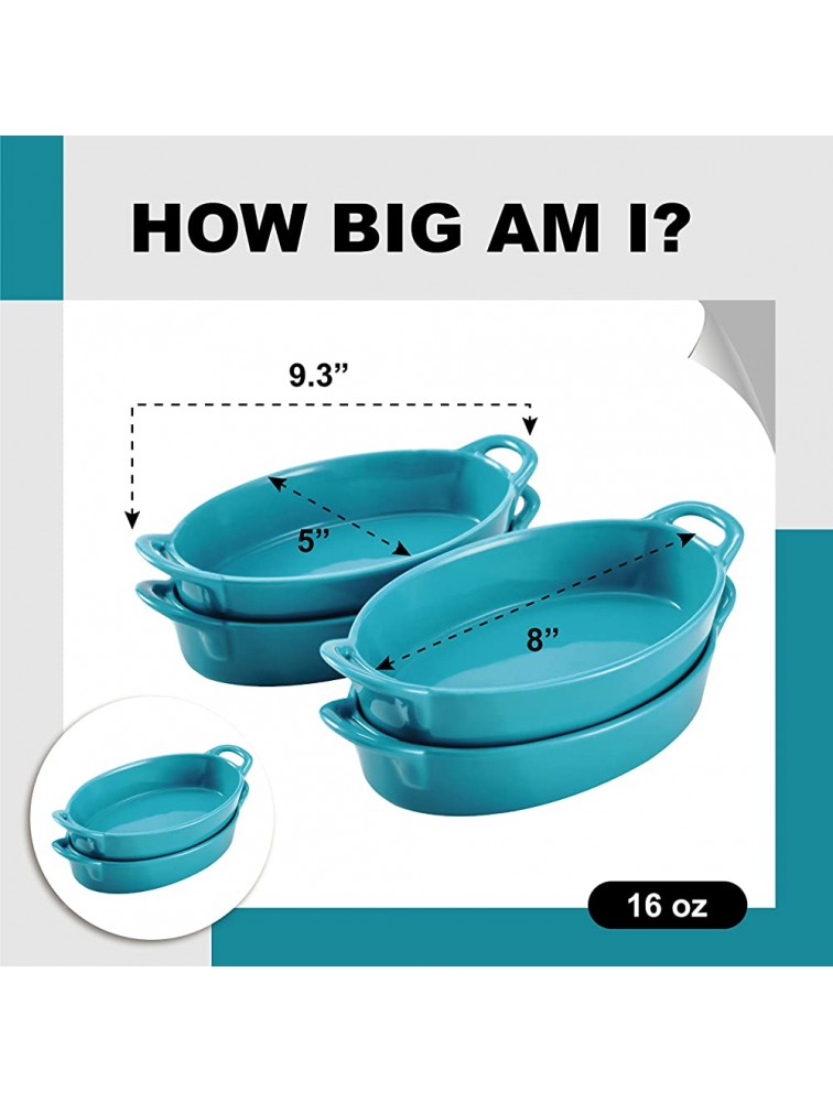 Bruntmor Set of 4 Oval Au Gratin 8x 5 Baking Dishes Lasagna Pan Ceramic Bakeware Ideal for Creme Brulee Easy Carry Handles Nice Table Serving Dish Oven To Table 16 Oz -Teal - BX6PMKP05