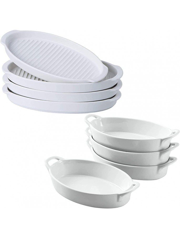 Bruntmor Set of 4 Oval Au Gratin 8"x 5" Baking Dishes Lasagna Pan Ceramic Bakeware Ideal for Crème Brulee Easy Carry Handles Nice Table Serving Dish Oven To Table 16 Oz White - BCPKIT4G9