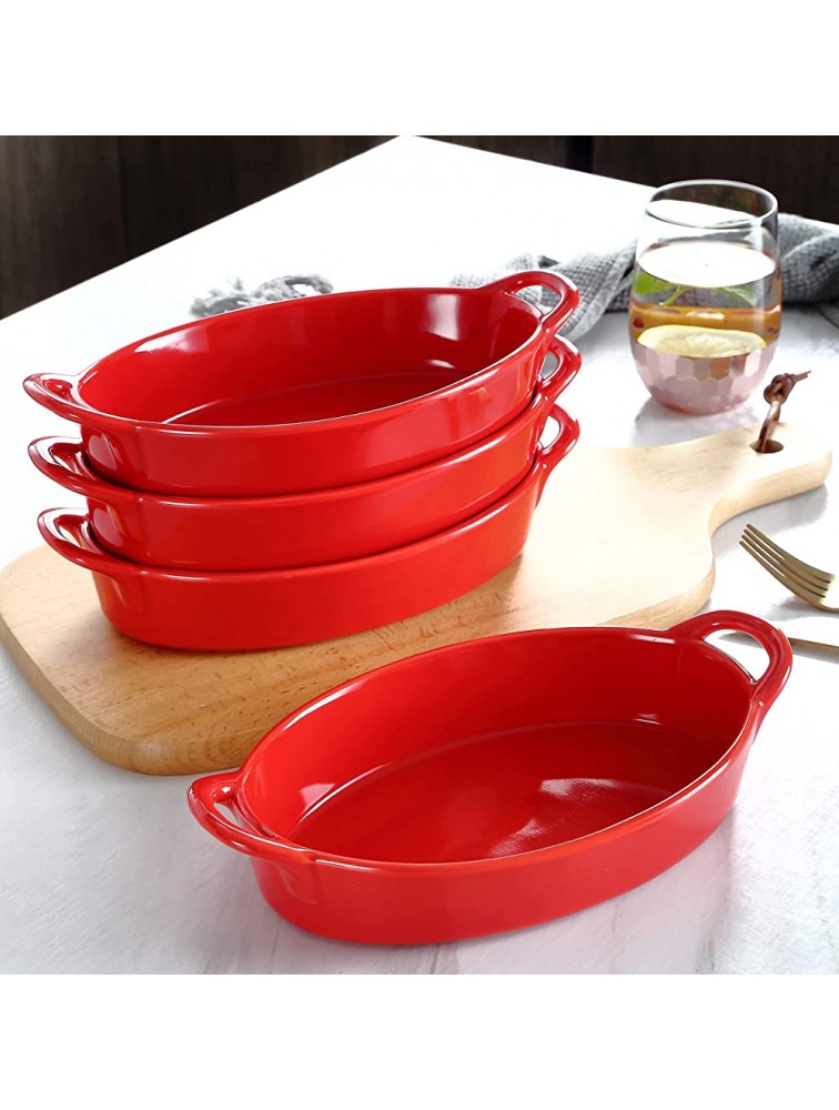 Bruntmor Set of 4 Oval Au Gratin 8x5 Baking Dishes Lasagna Pan Ceramic Bakeware Ideal for Crème Brulee easy carry handles nice table Serving dish Red - BAIPM2IU9