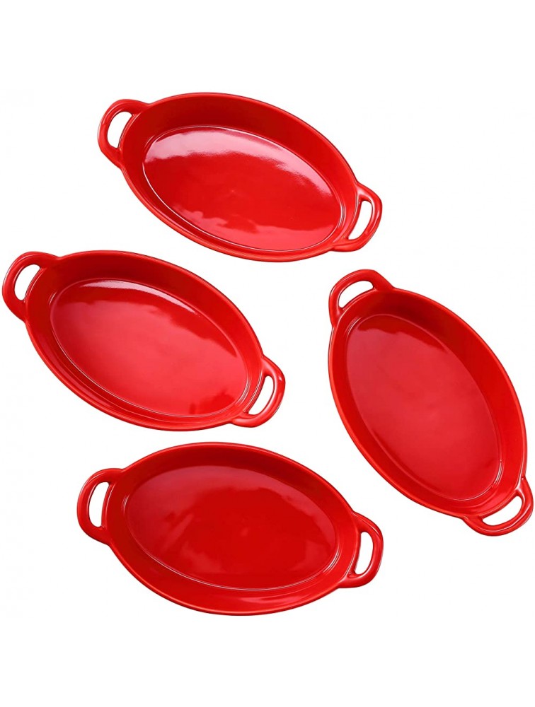 Bruntmor Set of 4 Oval Au Gratin 8x5 Baking Dishes Lasagna Pan Ceramic Bakeware Ideal for Crème Brulee easy carry handles nice table Serving dish Red - BAIPM2IU9