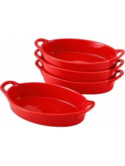 Bruntmor Set of 4 Oval Au Gratin 8"x5" Baking Dishes Lasagna Pan Ceramic Bakeware Ideal for Crème Brulee easy carry handles nice table Serving dish Red - BAIPM2IU9
