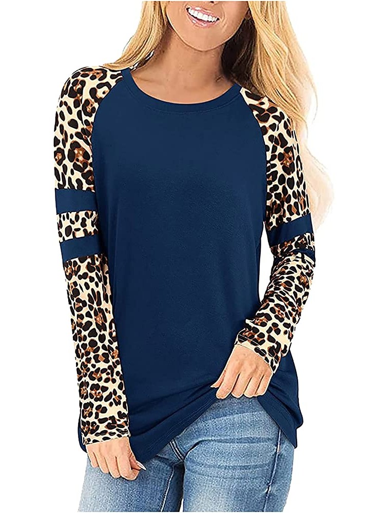 Fashion Women's Casual Long Sleeve Blouse Plus Size Round Neck Patchwork Ladies Tops Lightweight Loose Fit Sweatshirts - BECF5289K