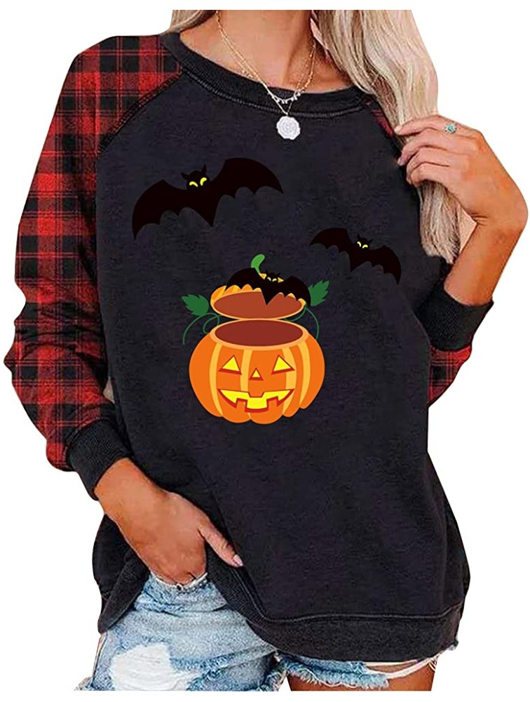 Halloween Long Sleeve Sweaters for Women Round Neck Plaid Stitching Print Plus Size Soft Casual Blouse Daily Hoodie Top - BV57BBJ2F