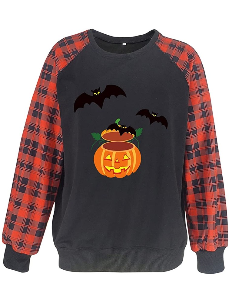 Halloween Long Sleeve Sweaters for Women Round Neck Plaid Stitching Print Plus Size Soft Casual Blouse Daily Hoodie Top - BV57BBJ2F