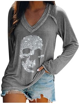Sexy V Neck Blouses for Women Shining Skull Printed Long Sleeve T-Shirts Fashion Loose Casual Pullover Sweatshirts Tops - BBQ6E5PU8