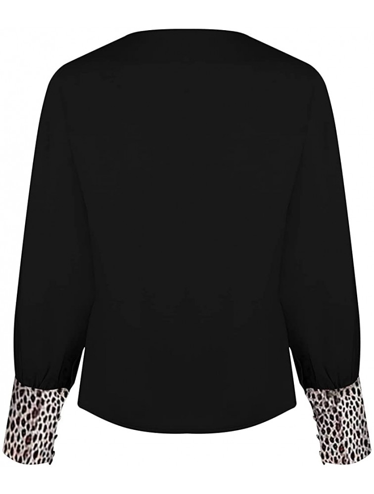 Women Leopard Sexy Blouses V Neck Partial Split Flare Long Sleeve Solid Elegant Work Casual Business Sweatshirt Pullover - BGJ710ZYQ