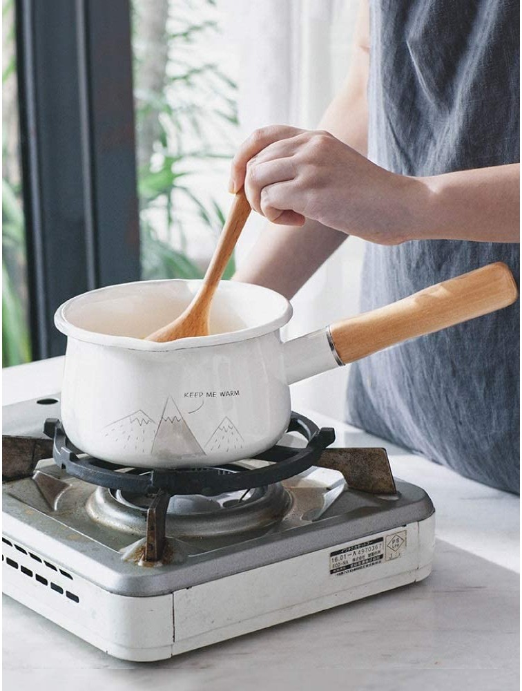 CUJUX Thickened Household Porcelain Enamel Milk Pot Single Wood Handle Baby Food Cooker Instant Noodle Small Pot Pan - BE0SZI8RK