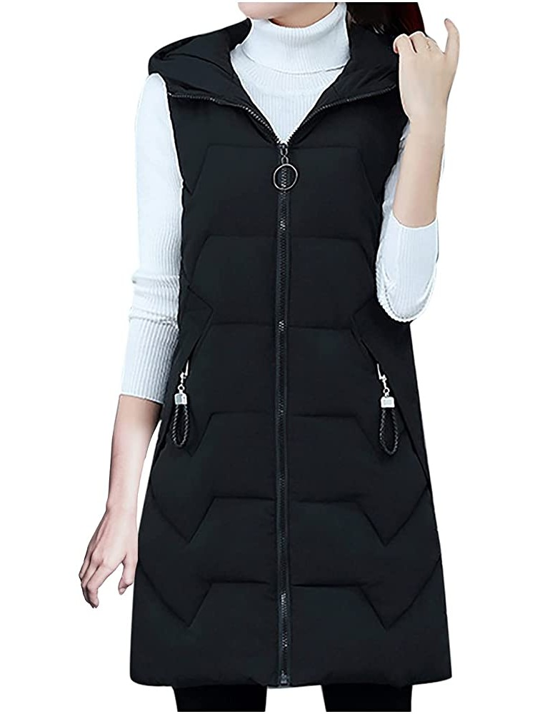 Women's Winter Sleeveless Jacket Classic Plain Casual Snow Thickened Soft Hoodies Mid-Length Full-Zip Puffer Vest - BFHWOXY9K