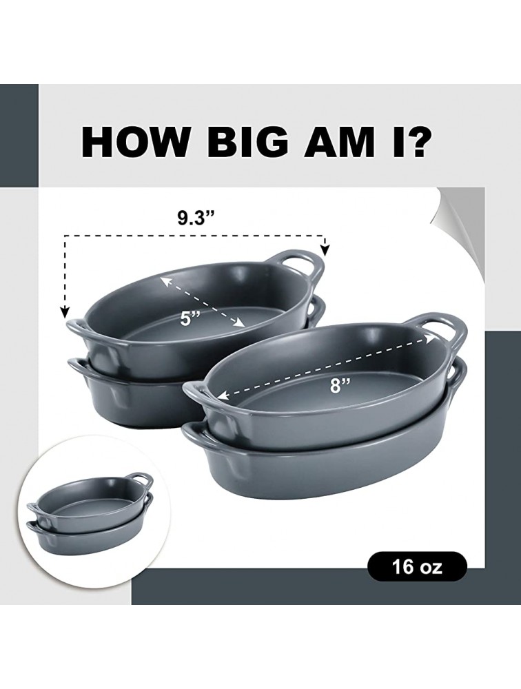 Bruntmor Set of 4 Oval Au Gratin 8x 5 Baking Dishes Lasagna Pan Ceramic Bakeware Ideal for Creme Brulee Easy Carry Handles Nice Table Serving Dish Oven To Table 16 Oz -Grey - BK9HDAC3O