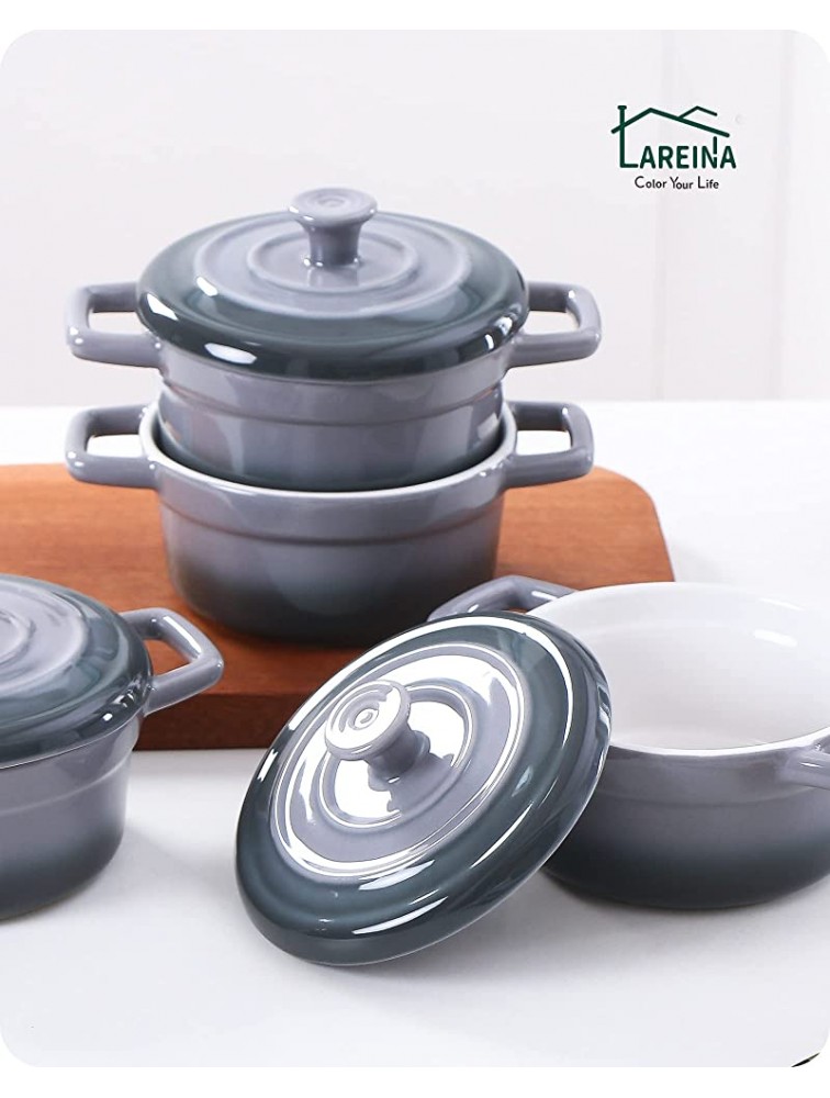 14 oz Mini Cocotte with Lid Lareina Small Ceramic Round Casseroles Dish with Handles and Cover Cute Stoneware Individual Severing Pot Set of 4 Gray - B5EAD0XN5