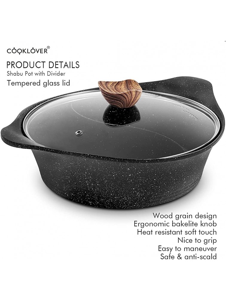 COOKLOVER Shabu Pot with Lid Non-Stick Casserole Induction Shabu Hot Pot with Divider 11.8 Inch 4.5L 5.64lb Black - BE64G0NZF