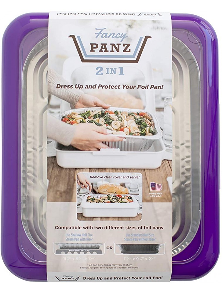 Fancy Panz 2-in-1 Dress Up & Protect Your Foil Pan® Made in USA Fits 2 size of foil pans. Foil Pan & Serving Spoon Included. Hot or Cold Food. Stackable for easy travel. BPA free Purple - BXVB70ET4