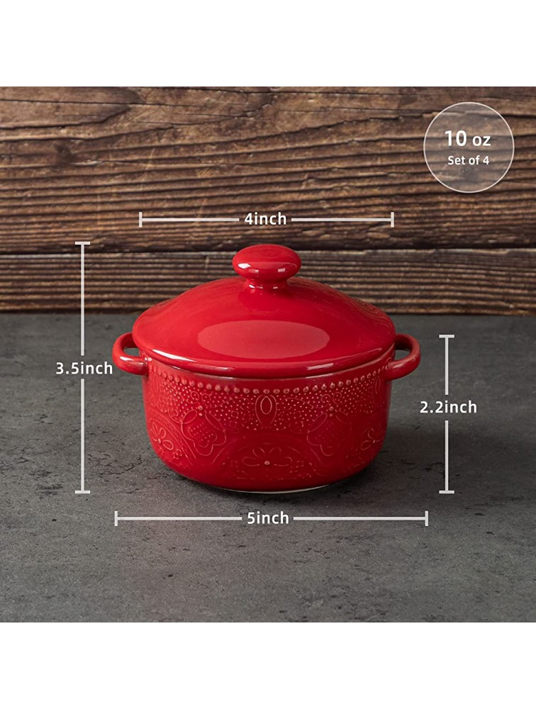 FE Casserole Dish with Lid 10 oz Mini Cocotte Ceramic Lace Embossed Small Casseroles for Individual Serving Set of 4 Red - BUG6HMM0P