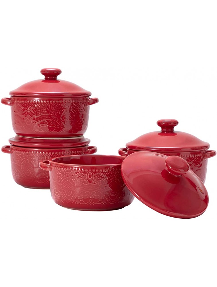 FE Casserole Dish with Lid 10 oz Mini Cocotte Ceramic Lace Embossed Small Casseroles for Individual Serving Set of 4 Red - BUG6HMM0P