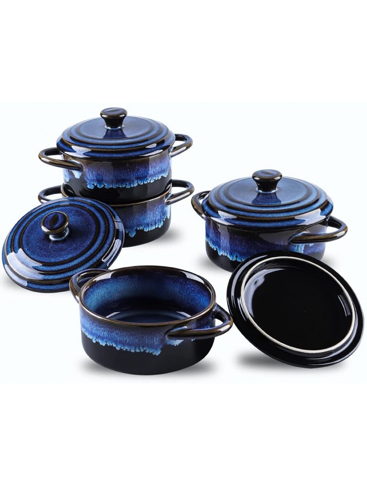 KOOV Small Casserole Dish with Lid Oven Safe Bowls 12 oz Ramekins with Lids Souffle Dish Ceramic Casserole Dish Set of 4 Mini Dutch Oven Reactive Glaze Nebula Blue - BBHOXOJOE
