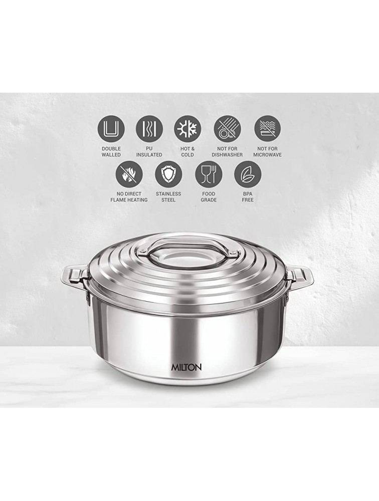Milton Galaxia 2500 Insulated Stainless Steel Casserole 2450 ml | 83 oz | 2.6 qt. Thermal Serving Bowl Keeps Food Hot & Cold for Long Hours Food Grade Elegant Hot Pot Food Warmer Cooler Silver - BSN0Y0HIE