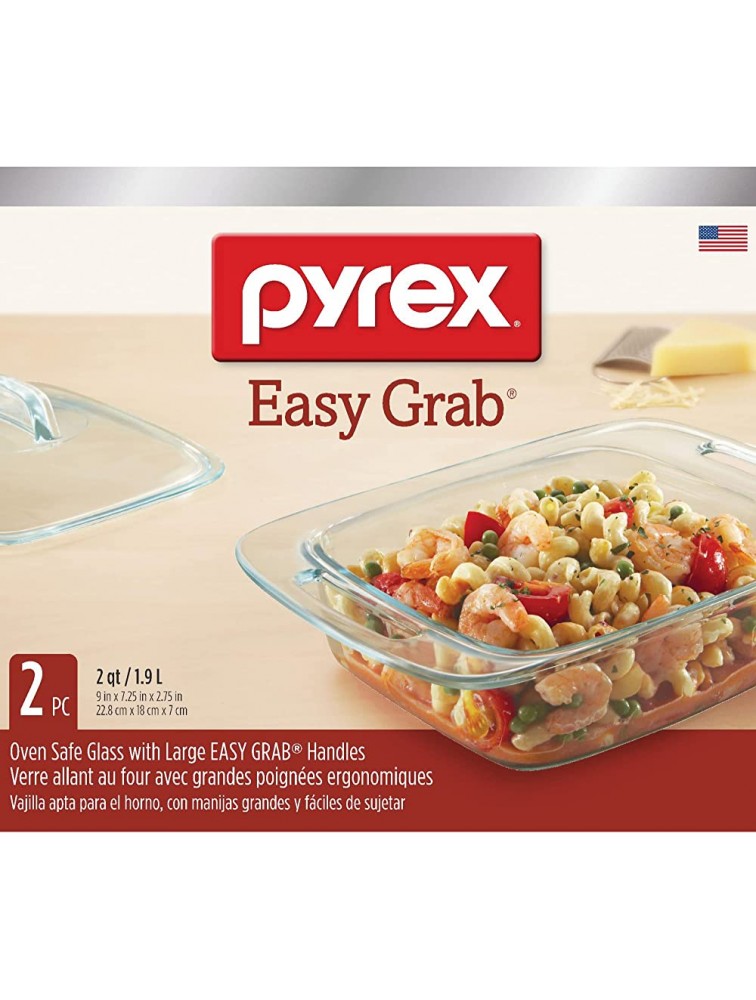 Pyrex Easy Grab | Two Quart Glass Casserole Dish with Lid | Dishwasher Freezer Microwave and Preheated Oven Safe | Doesn’t Absorb Odors Flavors or Stains | Proudly Made in the USA - BTKAYWCZT
