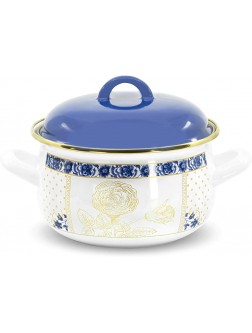Red Co. Small Enameled Cookware 7" Belly Deep Metal Casserole Induction Pot with Lid Handles Vintage Gold and Blue Flower Pattern Design 3 Quart - BQCIWD2V5