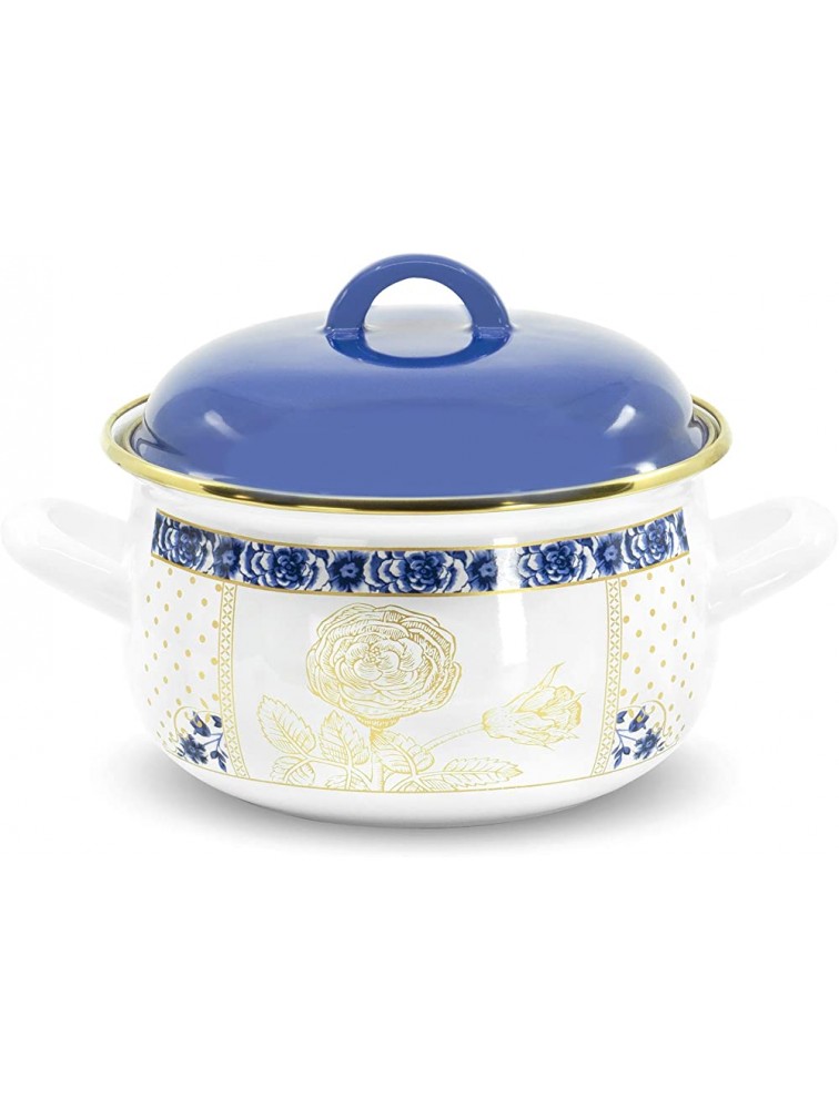 Red Co. Small Enameled Cookware 7" Belly Deep Metal Casserole Induction Pot with Lid Handles Vintage Gold and Blue Flower Pattern Design 3 Quart - BQCIWD2V5