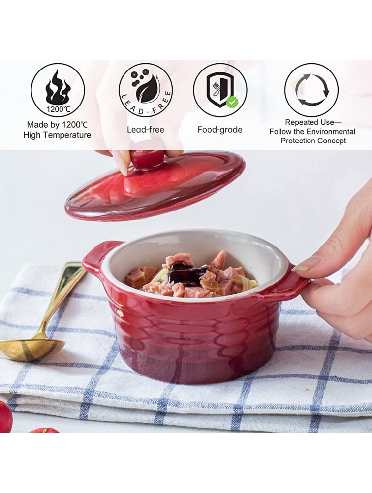 UNICASA Mini Cocotte Ramekins with Lid 8oz Round Covered Casserole Baking Dishes for French Onion Soup Sauces Ceramic Cookware Oven Safe Mini Pots for Cooking Set of 4 Red - BEQ51L15K