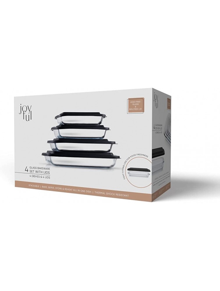JoyFul by JoyJolt 8pc Glass Bakeware Set. 4x Baking Pan Dishes and 4x Baking Dish Lids for Kitchen Storage Deep Baking Sheet Oven Tray Rectangle Casserole Dish Lasagna Pans Cake Baking Sheets - BKSRHWTUV