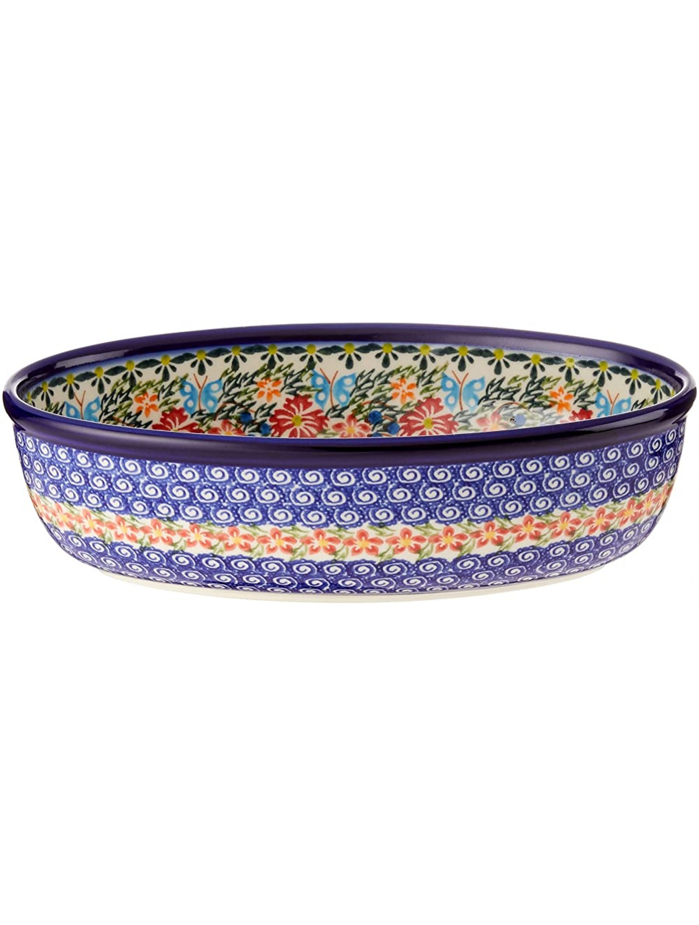 Polish Pottery Ceramika Boleslawiec Oval Mirek Baker 2 9-2 3-Inch by 6-7 10-Inch 5 Cups Royal Blue Patterns with Red Cornflower and Blue Butterflies Motif - BZ1HTCB8A
