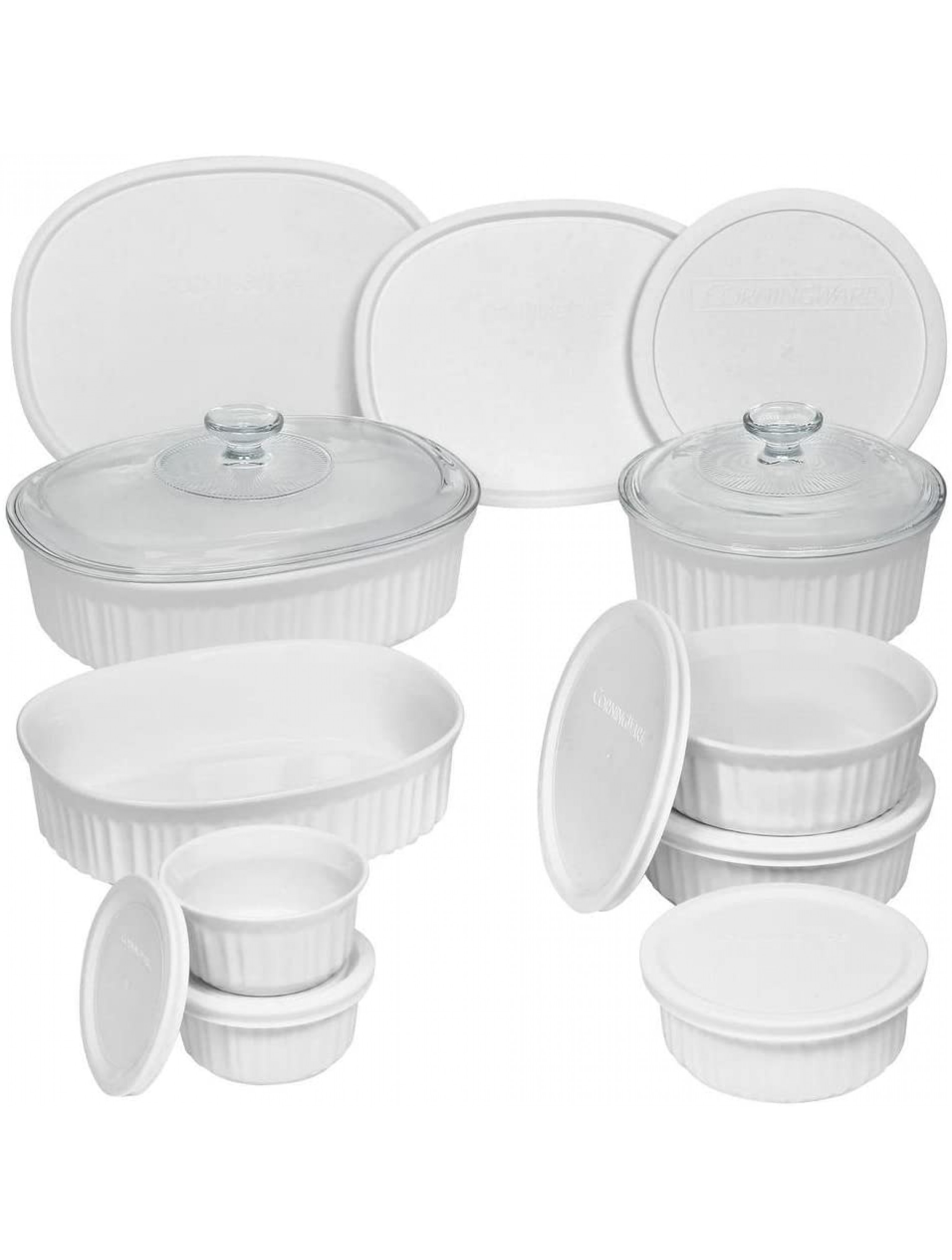 Durable Non-Porous French White 18 Piece Ceramic Made and Oven and Microwave Safe Bakeware Set with Lid by CorningWare - B3I407TST