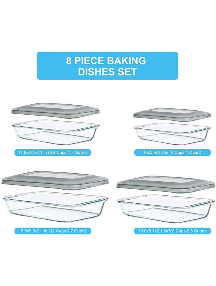 KOMUEE 8-Pieces Glass Baking Dish with Lids Rectangular Glass Baking Pan Bakeware Set with BPA Free Lids Baking Pans for Lasagna Leftovers Cooking Kitchen Fridge-to-Oven Gray - B6WGNIZM9