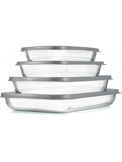 NutriChef 4 Sets Glass Bakeware High Borosilicate Rectangular Glass Baking Dish w  Gray BPA-Free PE Lids Freezer-to-Oven Home Kitchen Bake Casserole Food Storage Stackable Tray Pan Dishwasher Safe - BSSLPDA92