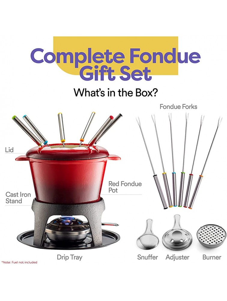 Klee 12-Piece Cast Iron Fondue Set with Red Fondue Pot 6 Fondue Forks Fondue Burner and Fondue Pot Base 44 oz - BYI6HVBP4