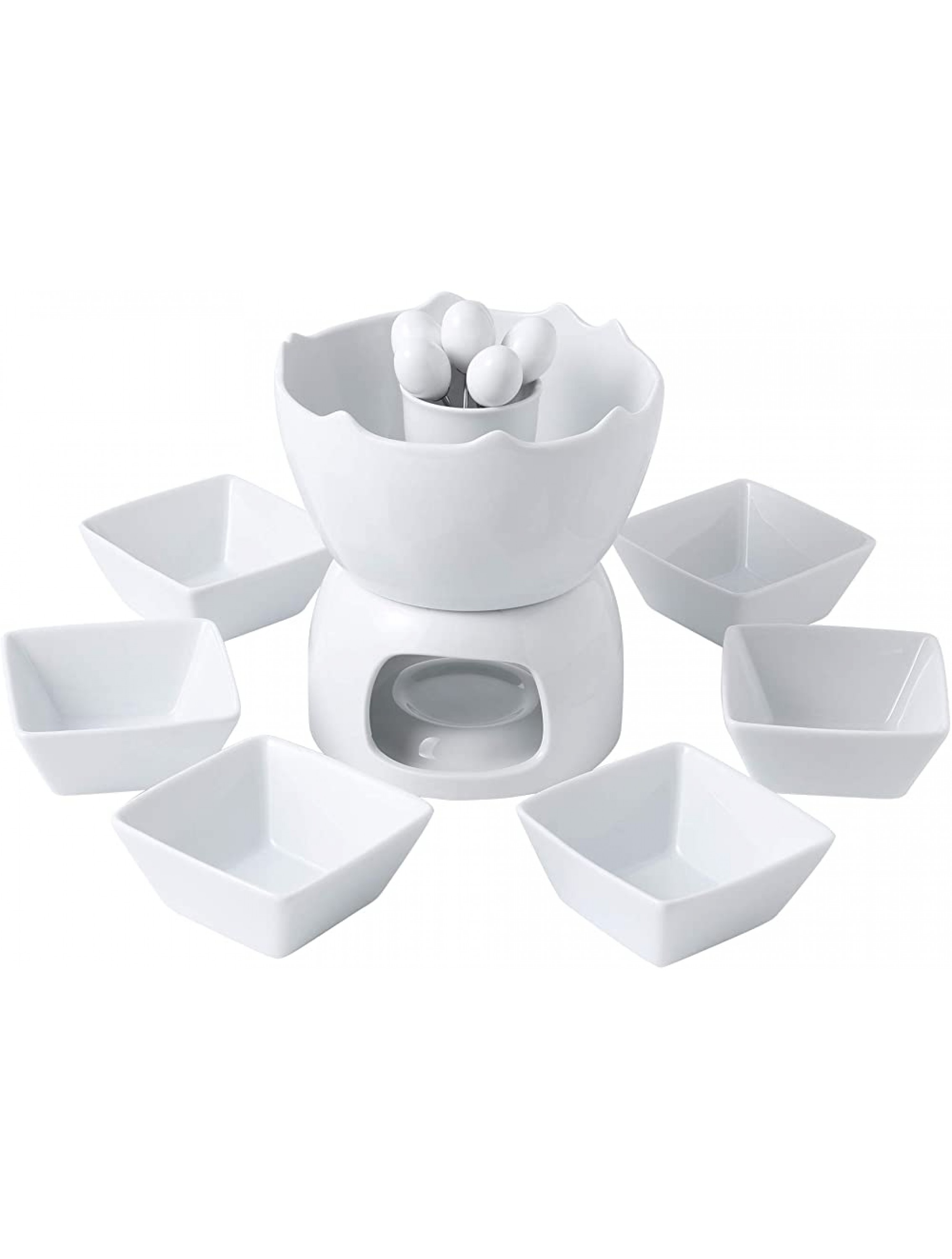 MALACASA Fondue Pot Set Two-layer Porcelain Tealight Chocolate Fondue with Dipping Bowls and Forks for 6 Cheese Fondue or Butter Fondue Set White - BESJAS1YM