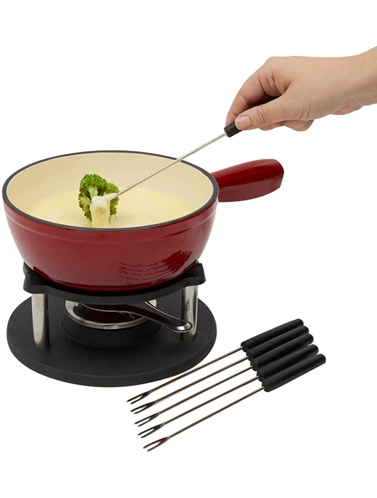 Red Fondue Pot Set with 6 Long Forks and Burner for Cheese and Chocolate 10 Piece Set - B2L3ZJCMO